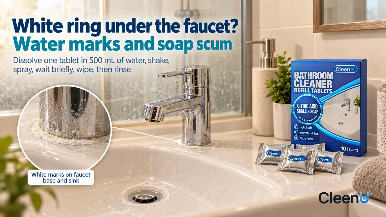 Illustration: CleenU Bathroom Cleaner Refill Tablets — An everyday bathroom, a white ceramic sink and a chrome faucet; in raking light the whitish ring of water marks around the faucet base and o Head