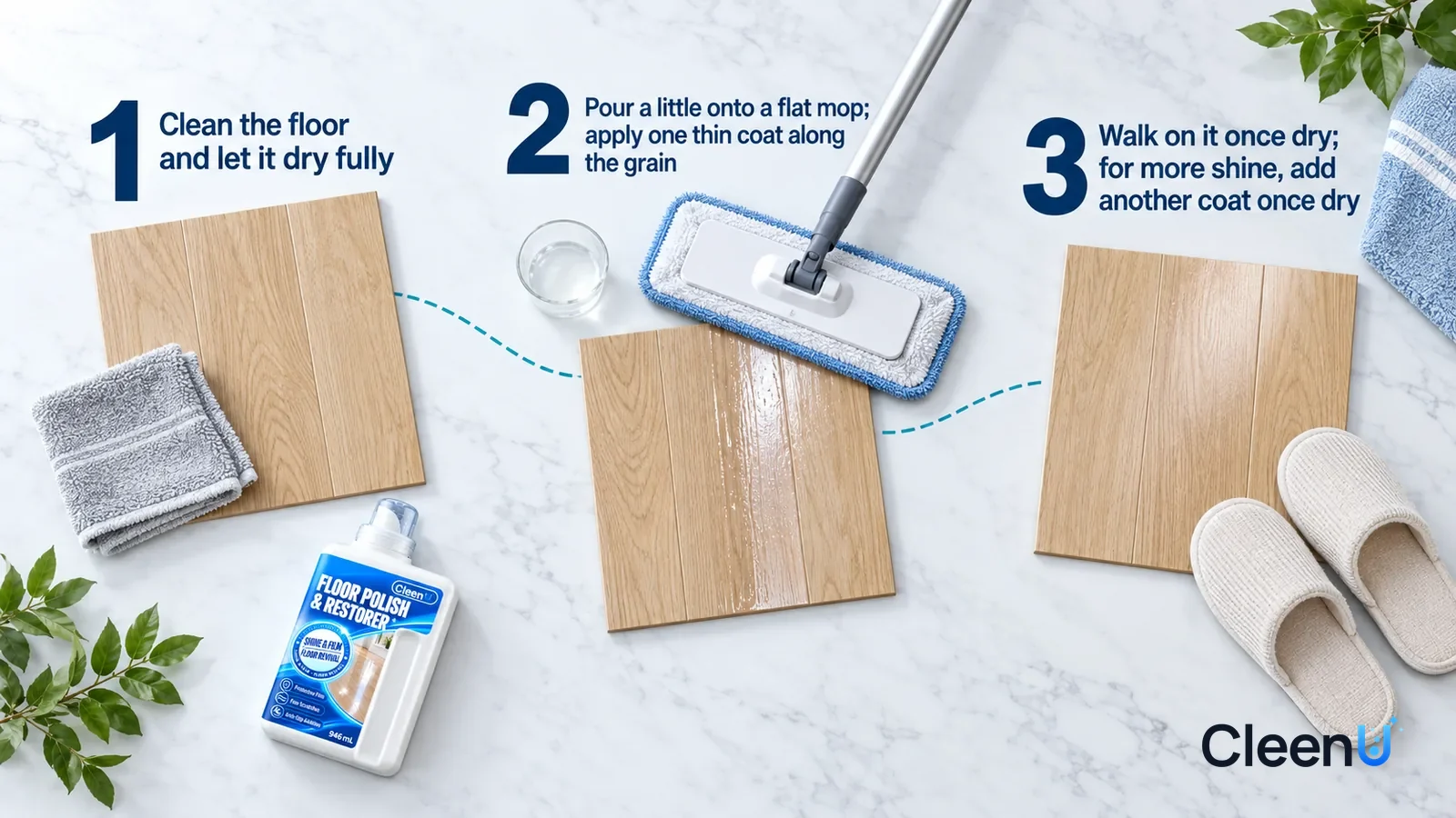 Illustration: CleenU Floor Polish & Restorer — an overhead shot straight down onto a light marble tabletop, no bottle and no hands: (1) a clean, dry laminate floor sample and a wrung-out