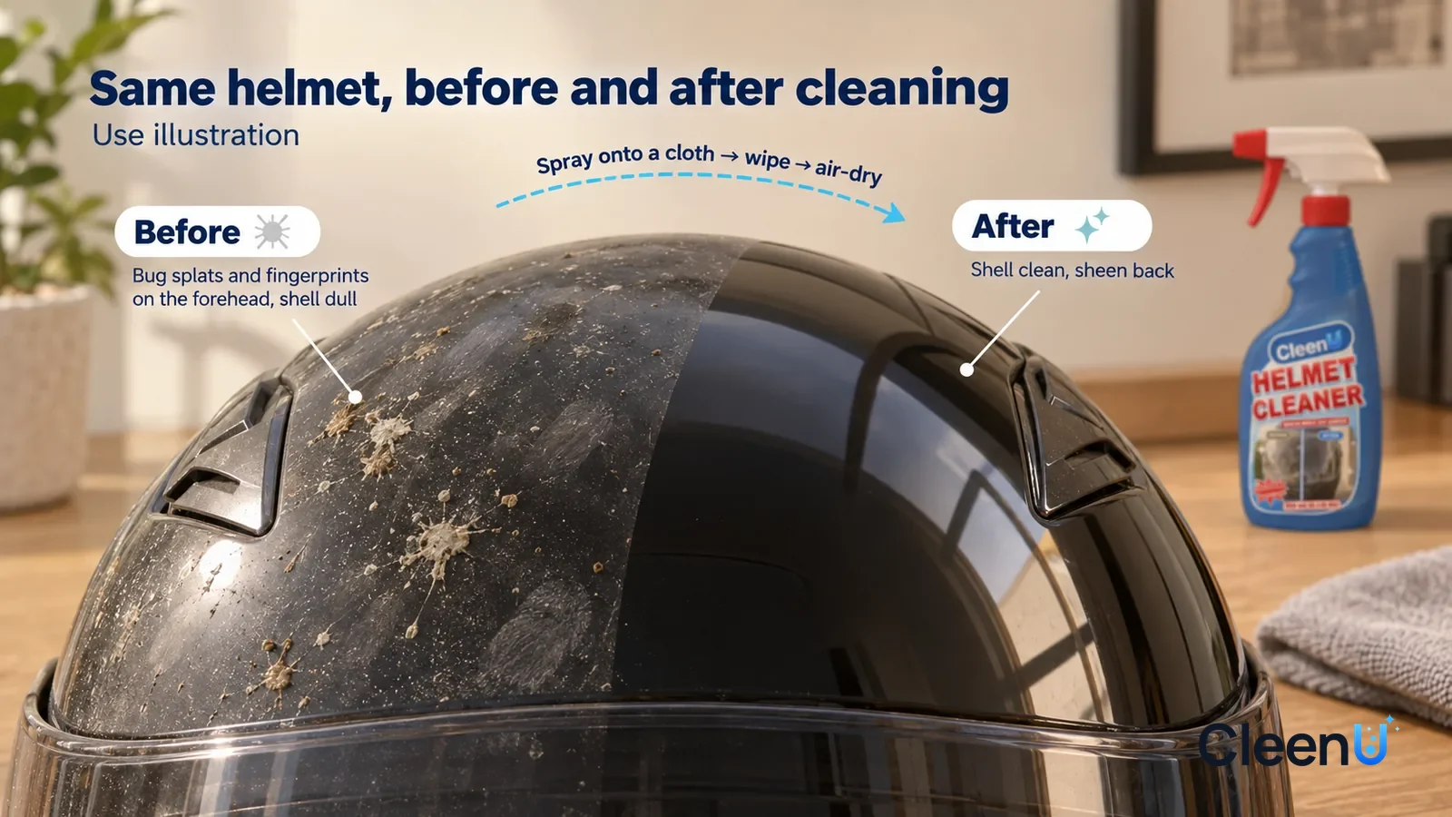 Illustration: CleenU Helmet Cleaner — A full-screen low-angle close-up of the forehead area of a black helmet shell in the same raking light: the untreated side has dried bug spl