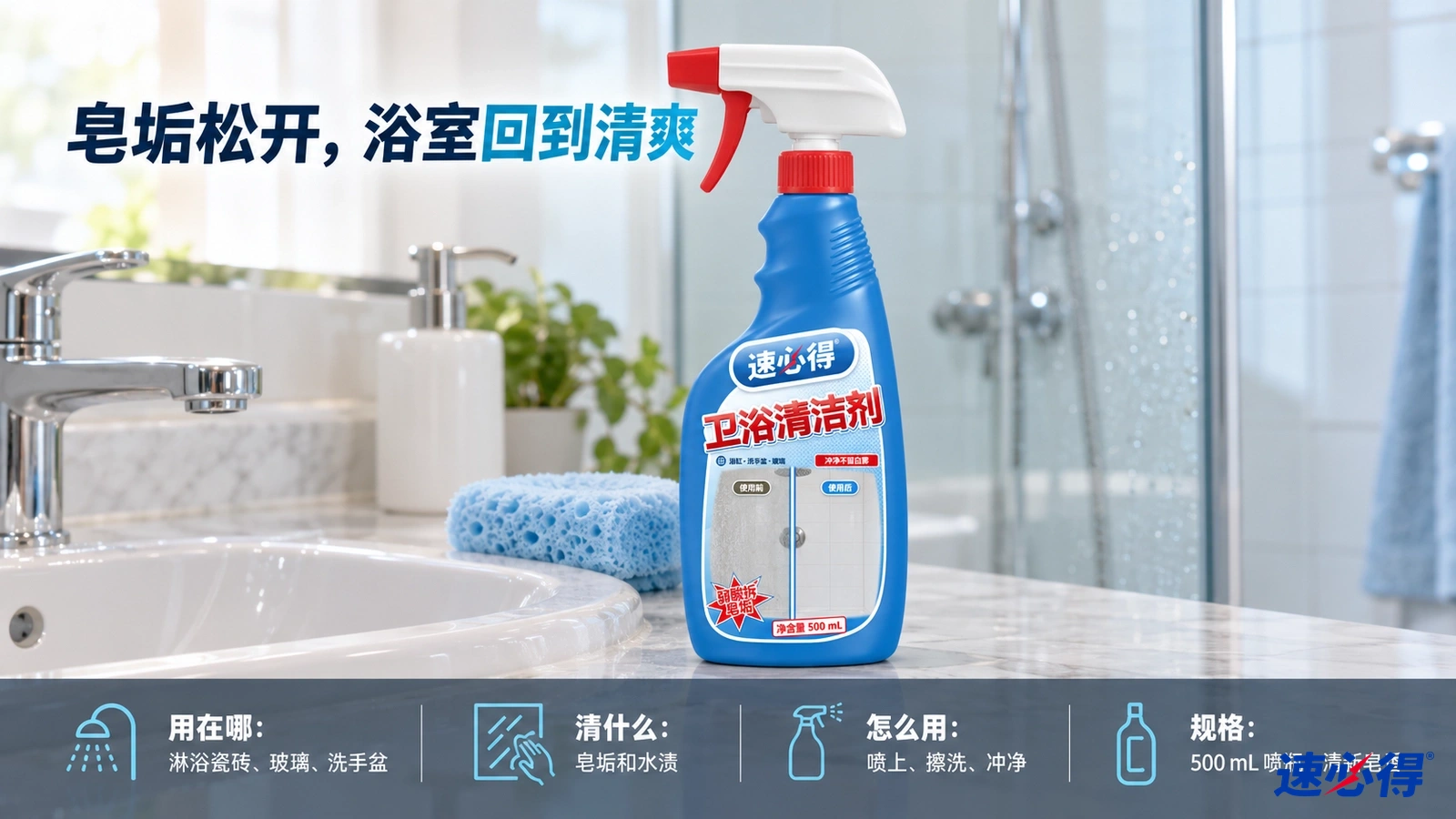 示意图：蓝色卫浴清洁剂喷瓶、蓝色海绵和白色毛巾摆在浴室台面。