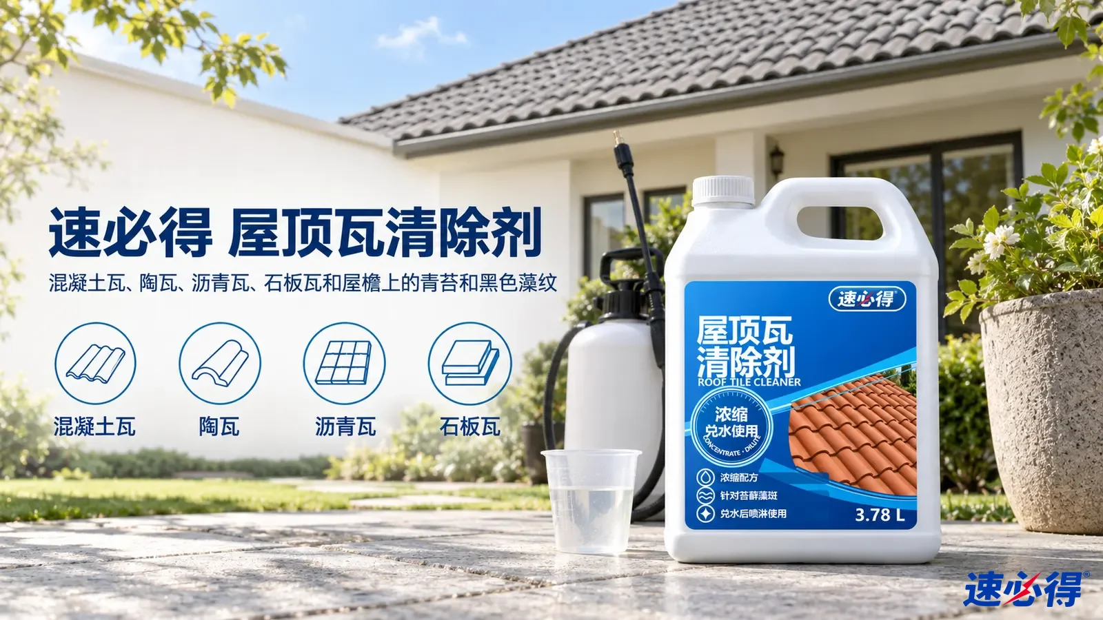 示意图:白色清洁剂桶摆在瓦屋顶住宅前,配有产品用途图标。