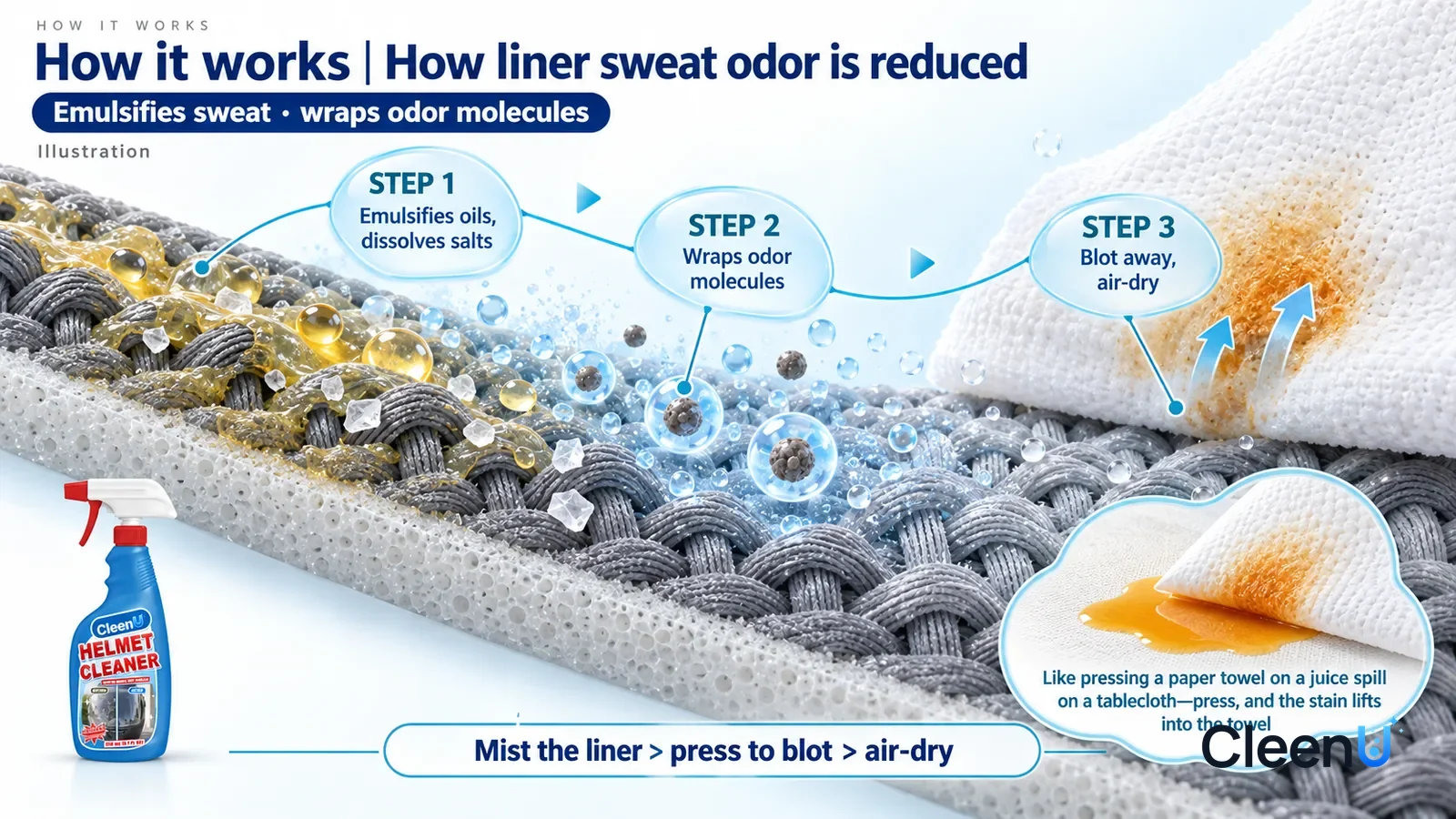 Illustration: CleenU Helmet Cleaner — an enormously magnified slice of helmet liner mesh runs diagonally from upper left to lower right