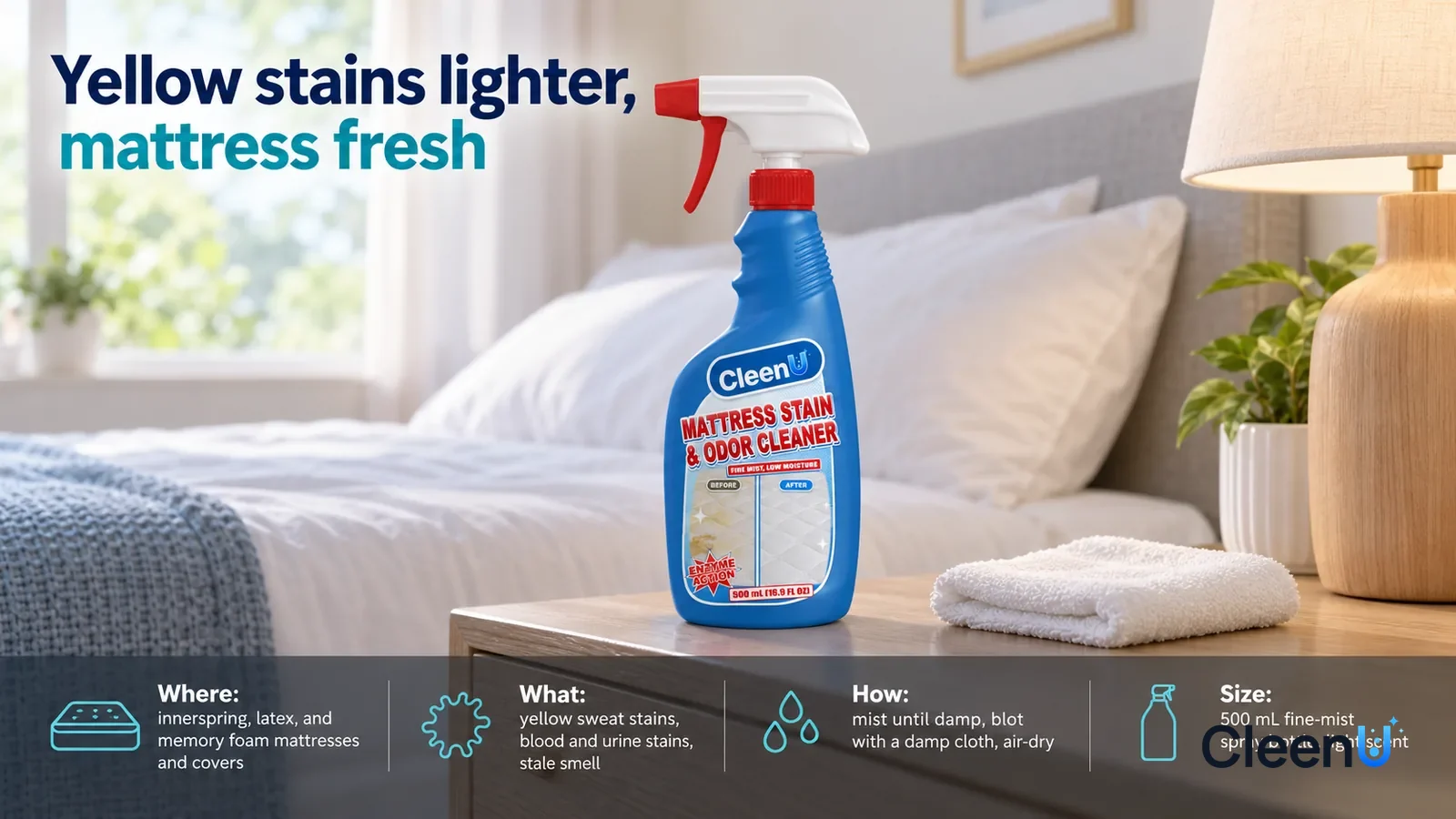 Illustration: CleenU Mattress Stain & Odor Cleaner stands centered on a bedroom nightstand, a folded white damp cloth beside it