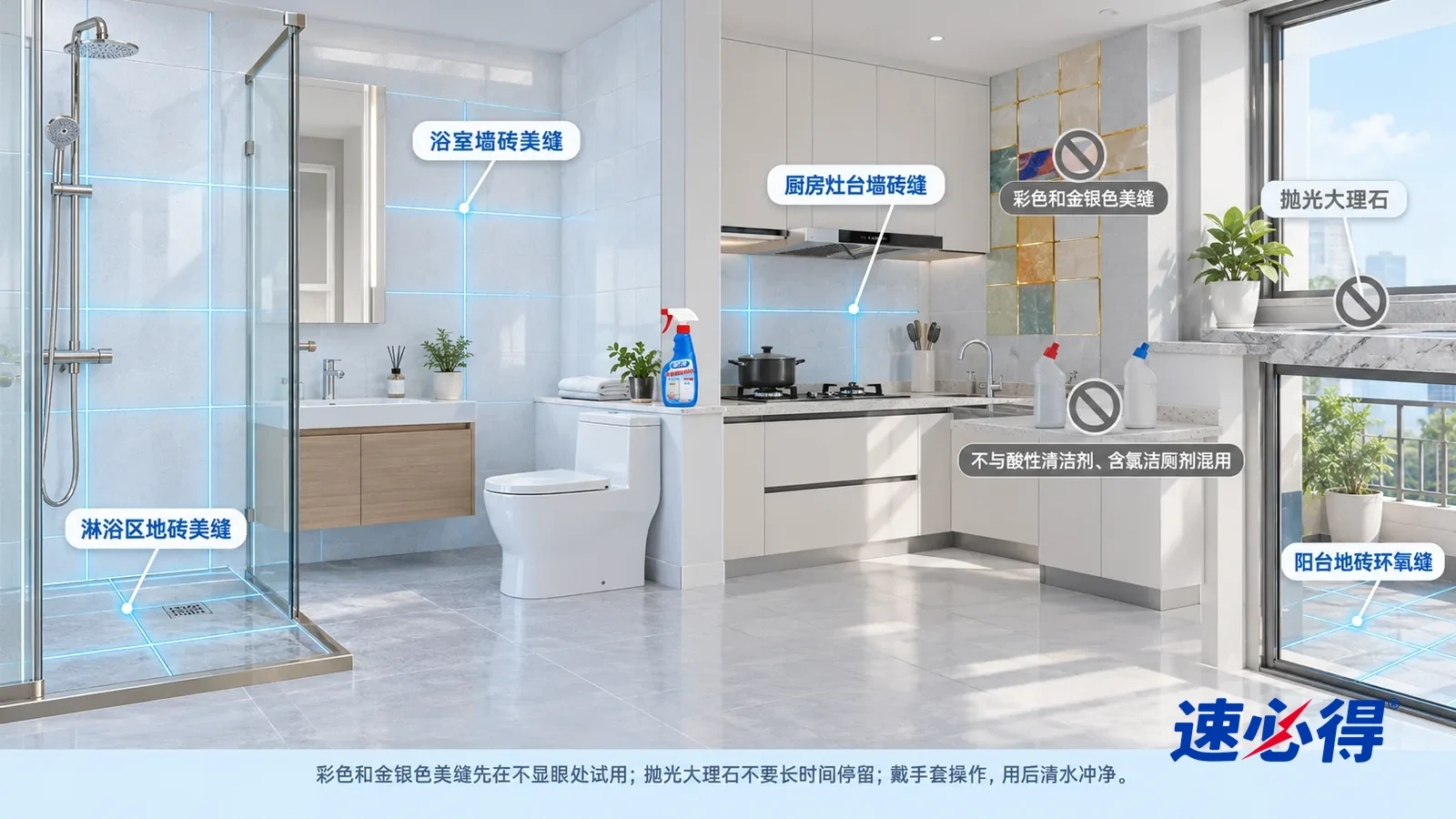 示意图：速必得美缝翻新清洁剂——一张写实 3D 剖面实景图，一套明亮的家的浴室、厨房和阳台区域，连续空间、一个视角，淋浴间旁置物台上站着一瓶小体量的本品：淋浴区地砖美缝