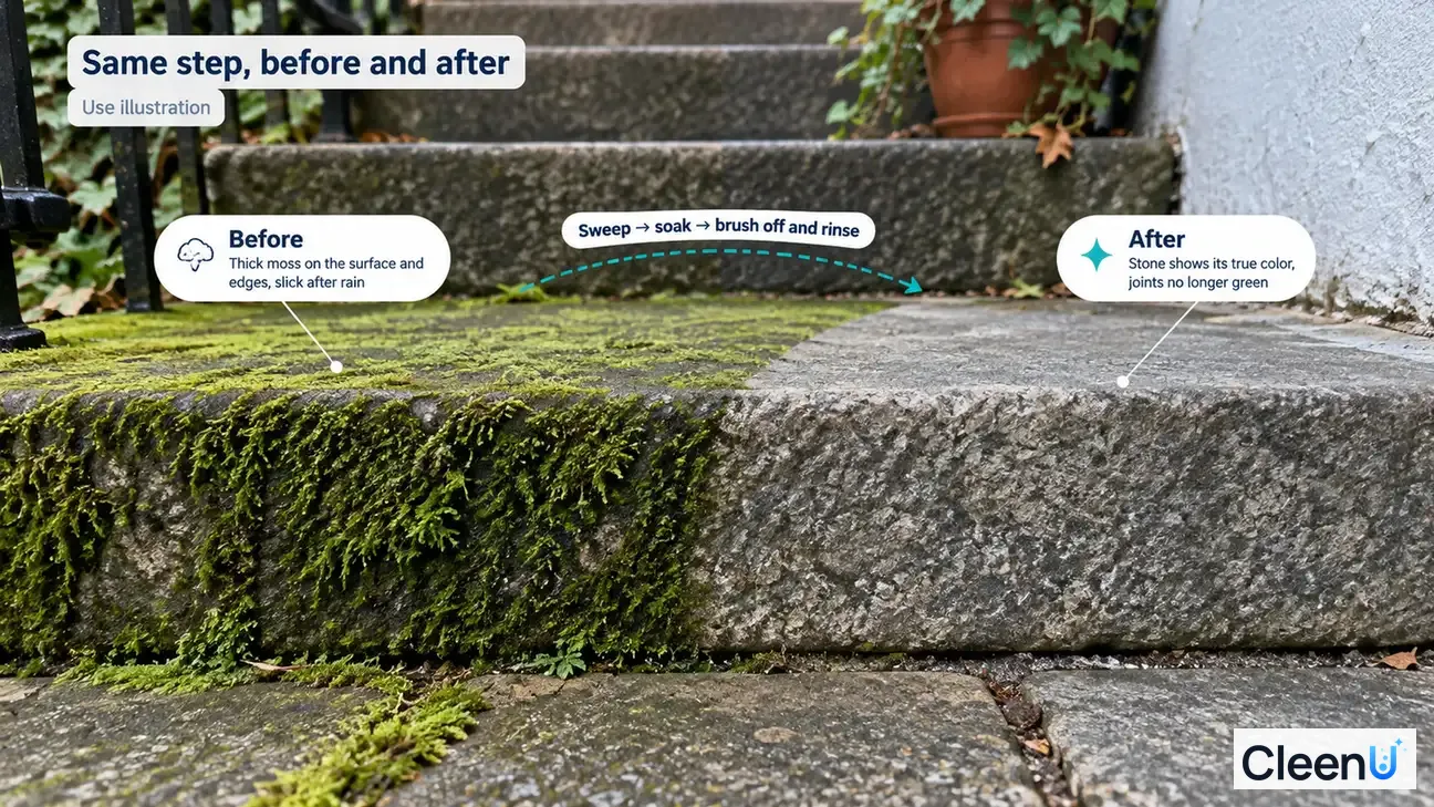 Illustration: Green moss beside exposed stone on a step; not a measured cleaning test.