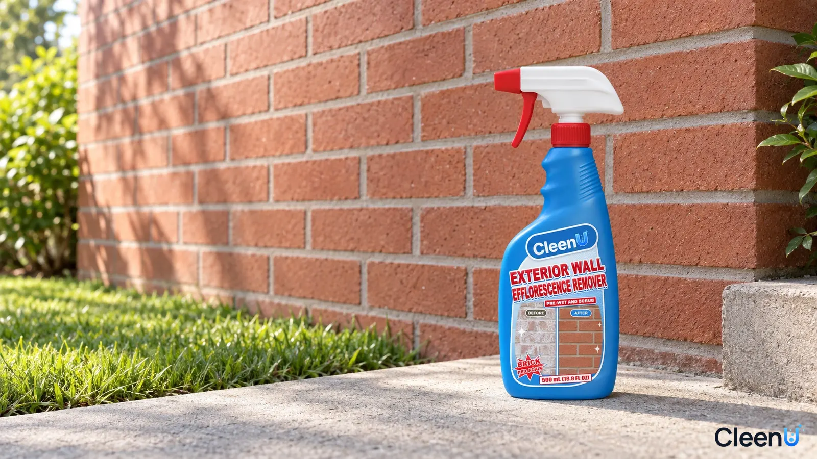 Illustration: A blue cleaner bottle beside a red brick wall in sunlight.