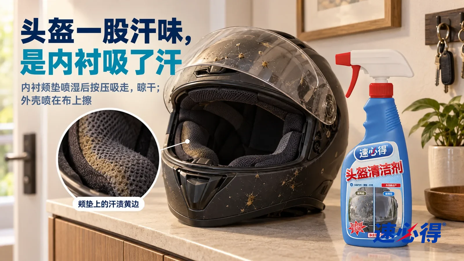 示意图：速必得头盔清洁剂——家常玄关，一顶黑色摩托车全盔（无品牌标志）放在玄关柜台面上，面罩掀起，侧光下外壳前额粘着几只干掉的小虫尸和灰点，颊垫织物发暗，标题“头盔一股汗味，是内衬吸了汗”