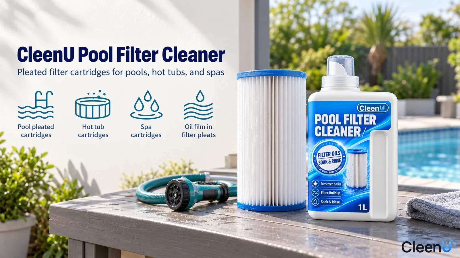 Illustration: A white cleaner bottle and pleated cartridge on a poolside table with use icons.