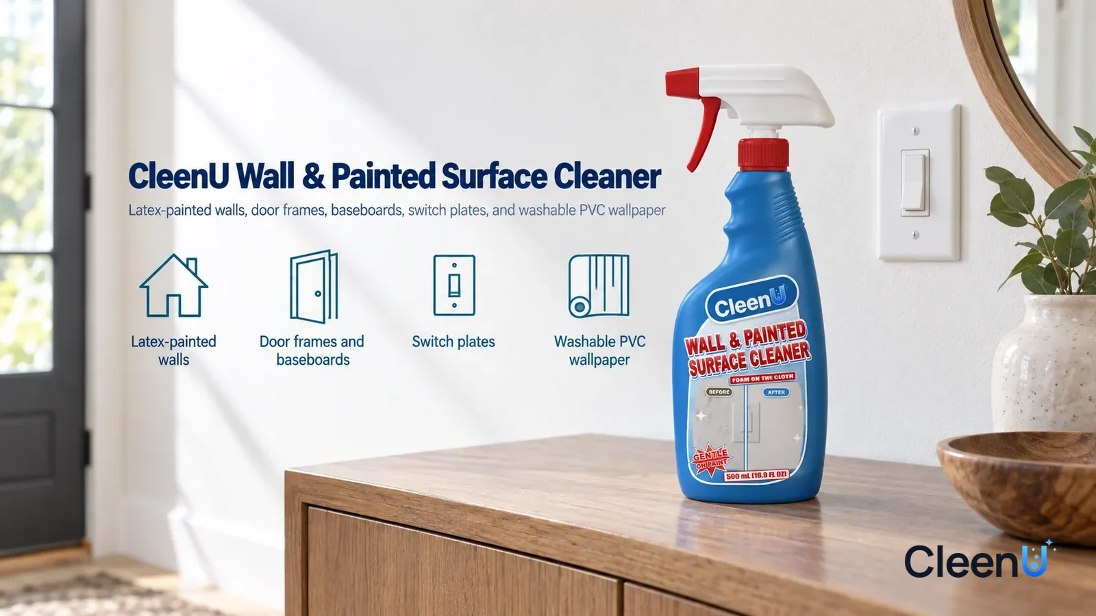 Illustration: CleenU Wall & Painted Surface Cleaner — A bright, clean entryway, the white latex-painted wall evenly white, a clean switch plate
