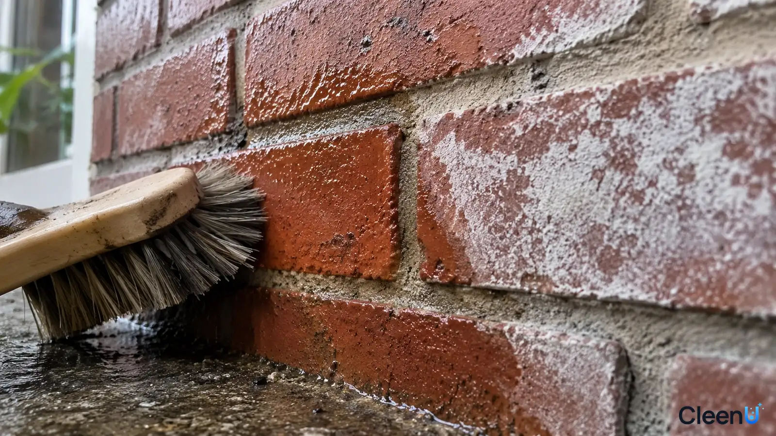 Illustration: Close-up of a wooden brush scrubbing white efflorescence from red bricks.