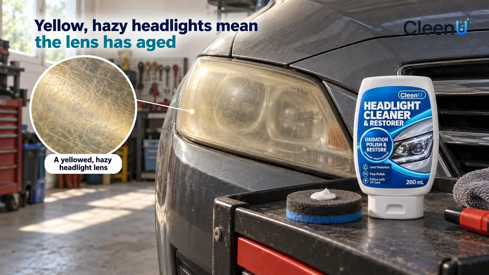 Illustration: CleenU Headlight Cleaner & Restorer — A home garage, a close-up of the front of a family sedan (no logos, no license plate numbers); in raking side light the left plastic headlig