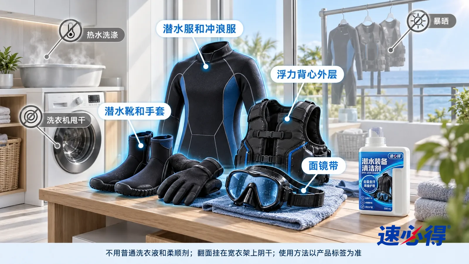 示意图:速必得潜水装备清洁剂——一张写实 3D 剖面实景图,一套明亮的家的洗衣间和阳台,连续空间、一个视角,潜水服和冲浪服、潜水靴和手套、浮力背心外层