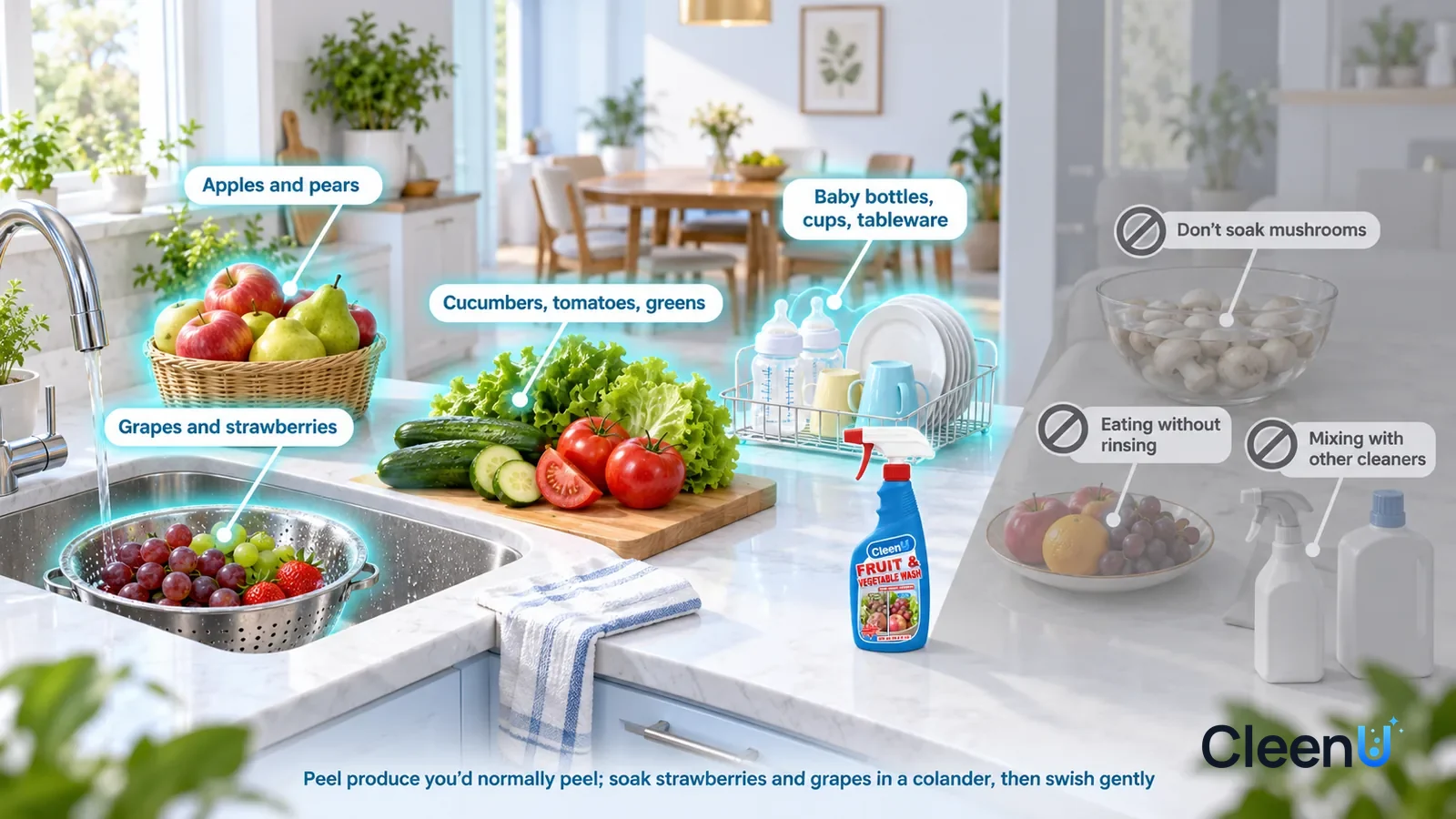 Illustration: CleenU Fruit & Vegetable Wash — A realistic 3D cutaway of a bright home kitchen and dining area, one continuous space from one viewpoint