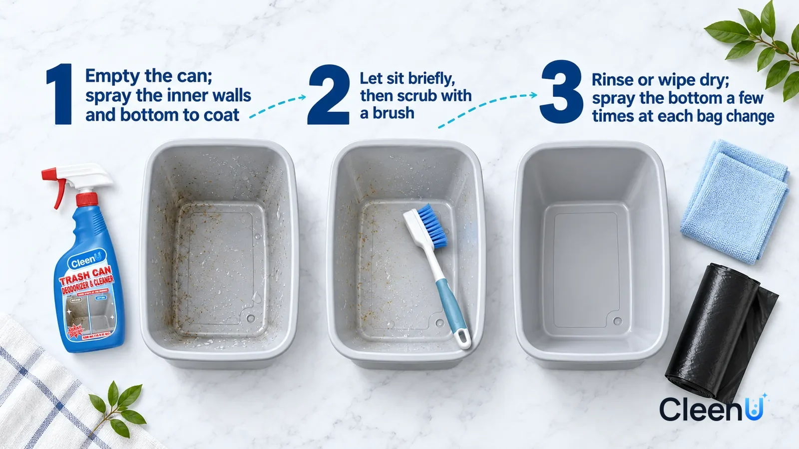 Illustration: CleenU Trash Can Deodorizer & Cleaner — an overhead shot straight down onto a light marble tabletop, no hands: (1) an emptied small pale grey trash can liner
