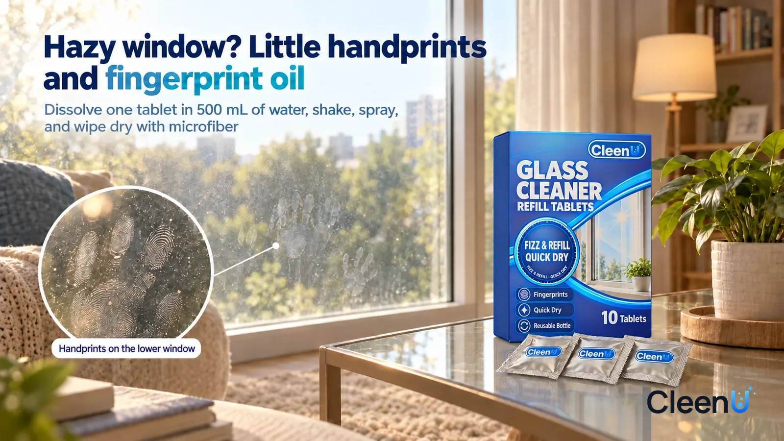 Illustration: CleenU Glass Cleaner Refill Tablets — An everyday living room, a floor-to-ceiling window looking out on green trees; against the light a patch of a child's small handprints and o Headlin
