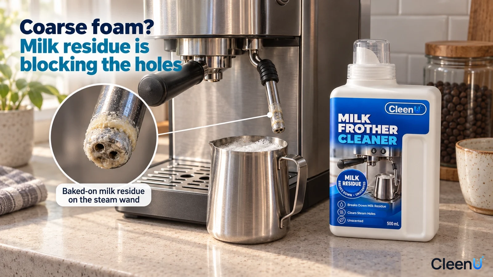 Illustration: Milk residue on a coffee-machine steam tip beside a stainless-steel milk pitcher and white cleaner bottle.
