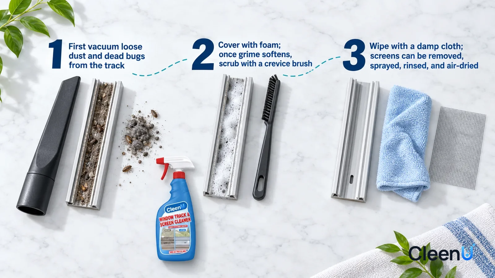 Illustration: CleenU Window Track & Screen Cleaner — an overhead shot straight down onto a light marble tabletop, no hands: (1) a flat vacuum crevice nozzle and an aluminum track sample packed