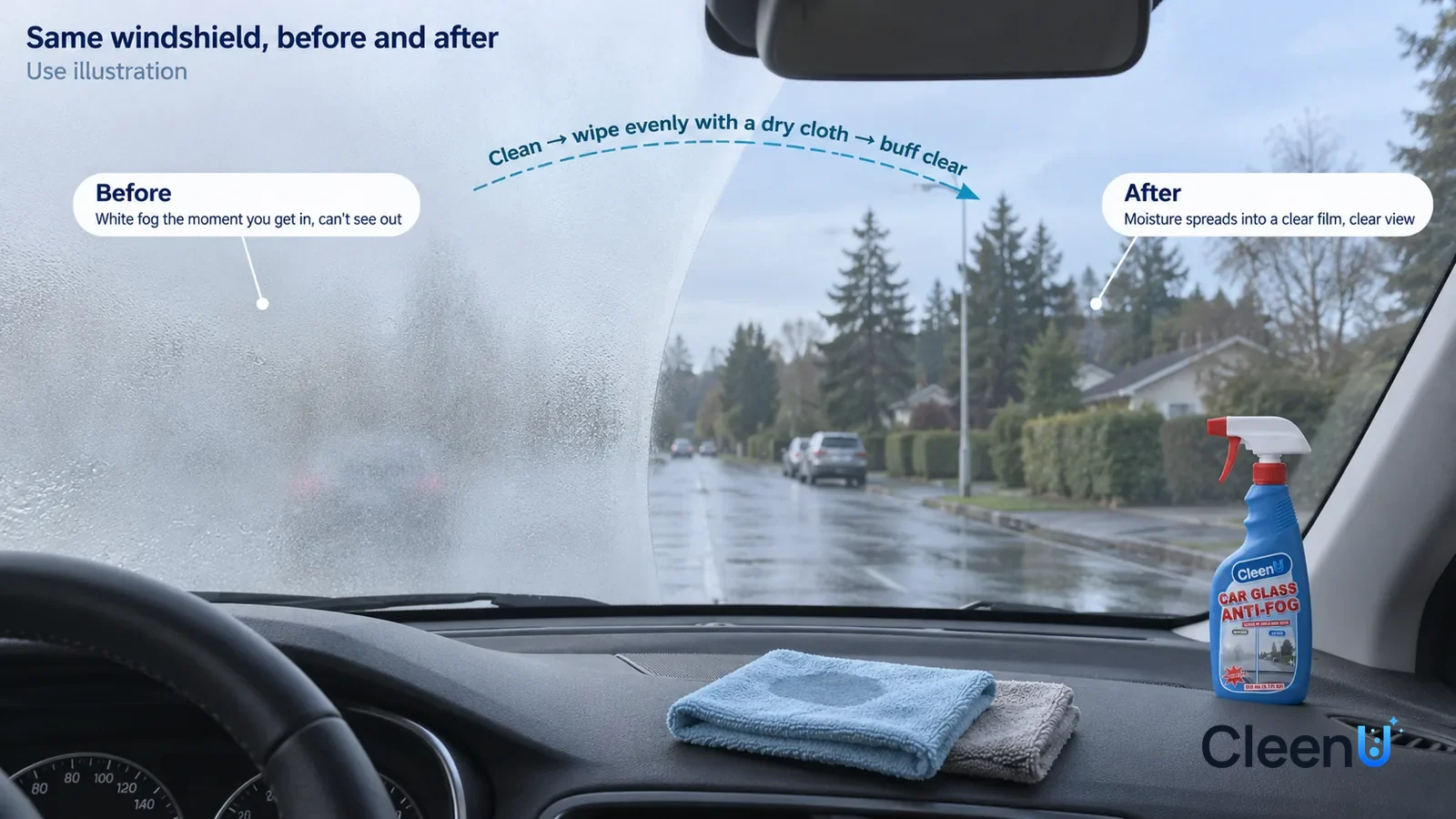Illustration: CleenU Car Glass Anti-Fog — The right / after glass has completed treatment and is optically clear, with no fog, streaks