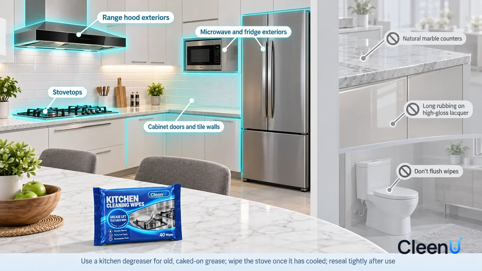 Illustration: CleenU Kitchen Cleaning Wipes — A realistic 3D cutaway of a bright home's kitchen and dining area, one continuous space from one viewpoint: the gas stovetop