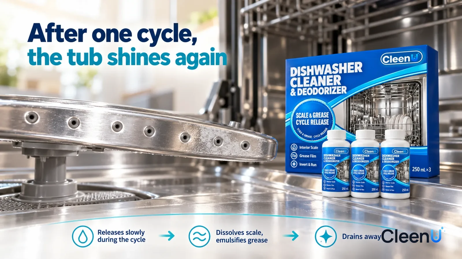 Illustration: CleenU Dishwasher Cleaner & Deodorizer — a clean, shiny stainless-steel spray arm with a row of small holes, every one sharp and clear