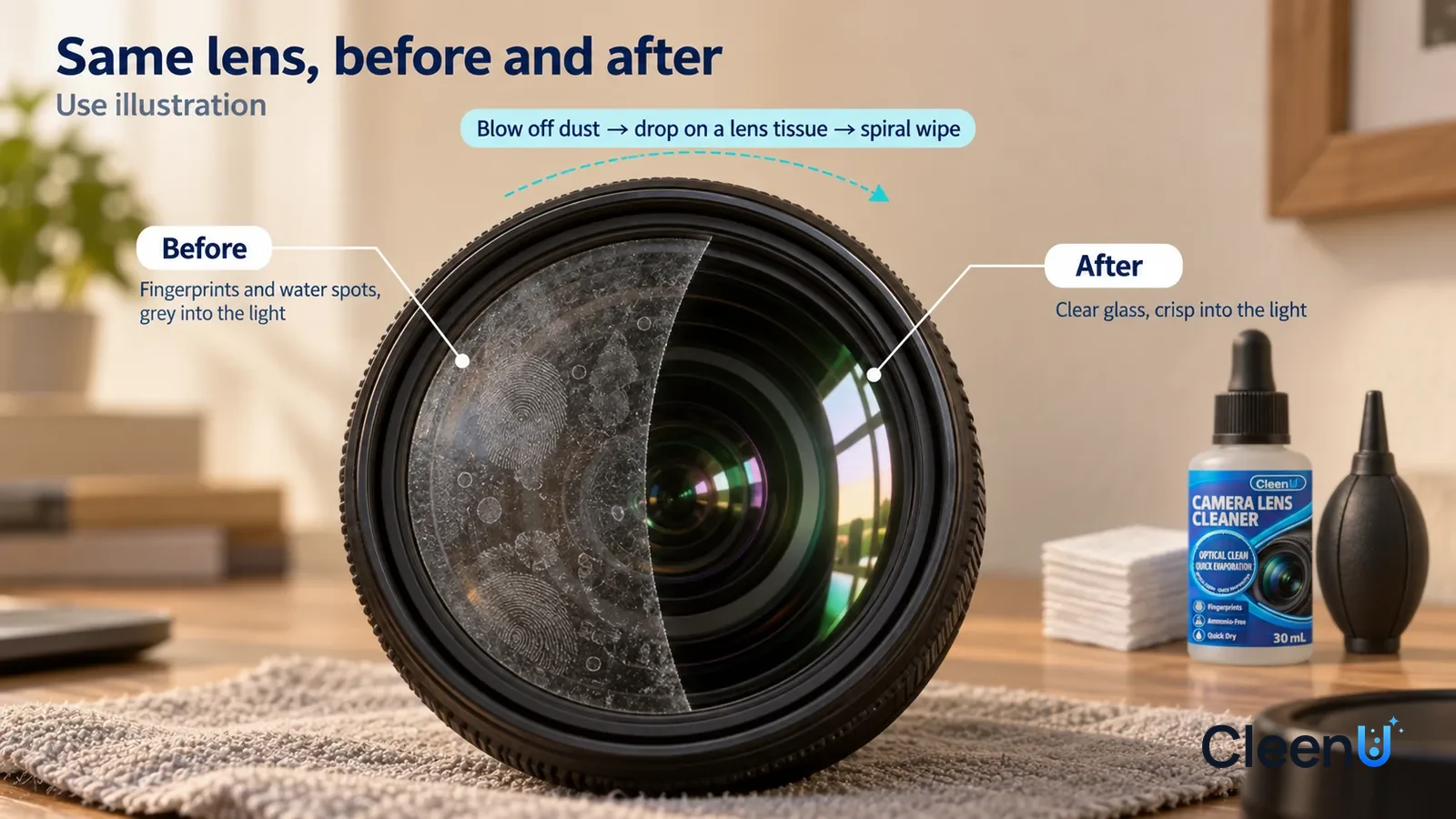 Illustration: CleenU Camera Lens Cleaner — A full-screen low-angle head-on close-up of a camera lens's front element (no brand marks, no text at all on the front ring)