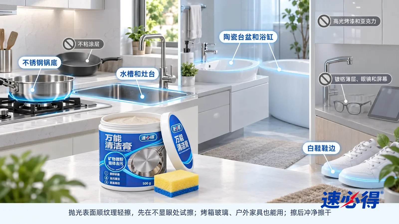 示意图：速必得多用途清洁膏——一张写实 3D 剖面实景图，一套明亮的家的厨房、浴室和玄关区域，连续空间、一个视角和罐子：不锈钢锅底、水槽和灶台、陶瓷台盆和浴缸