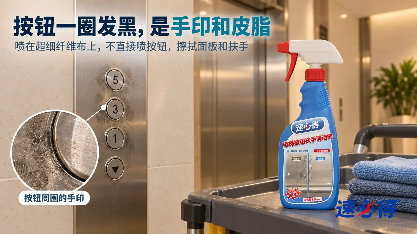 示意图:速必得电梯按钮扶手清洁剂——一个写字楼电梯厅,没有任何品牌标志和招牌文字,侧光斜照下一块不锈钢电梯按钮面板上每个按钮周围一圈发暗的手印和指纹油渍清楚可见;不出现人;产品,标题“按钮一圈发黑,是手印和皮脂”