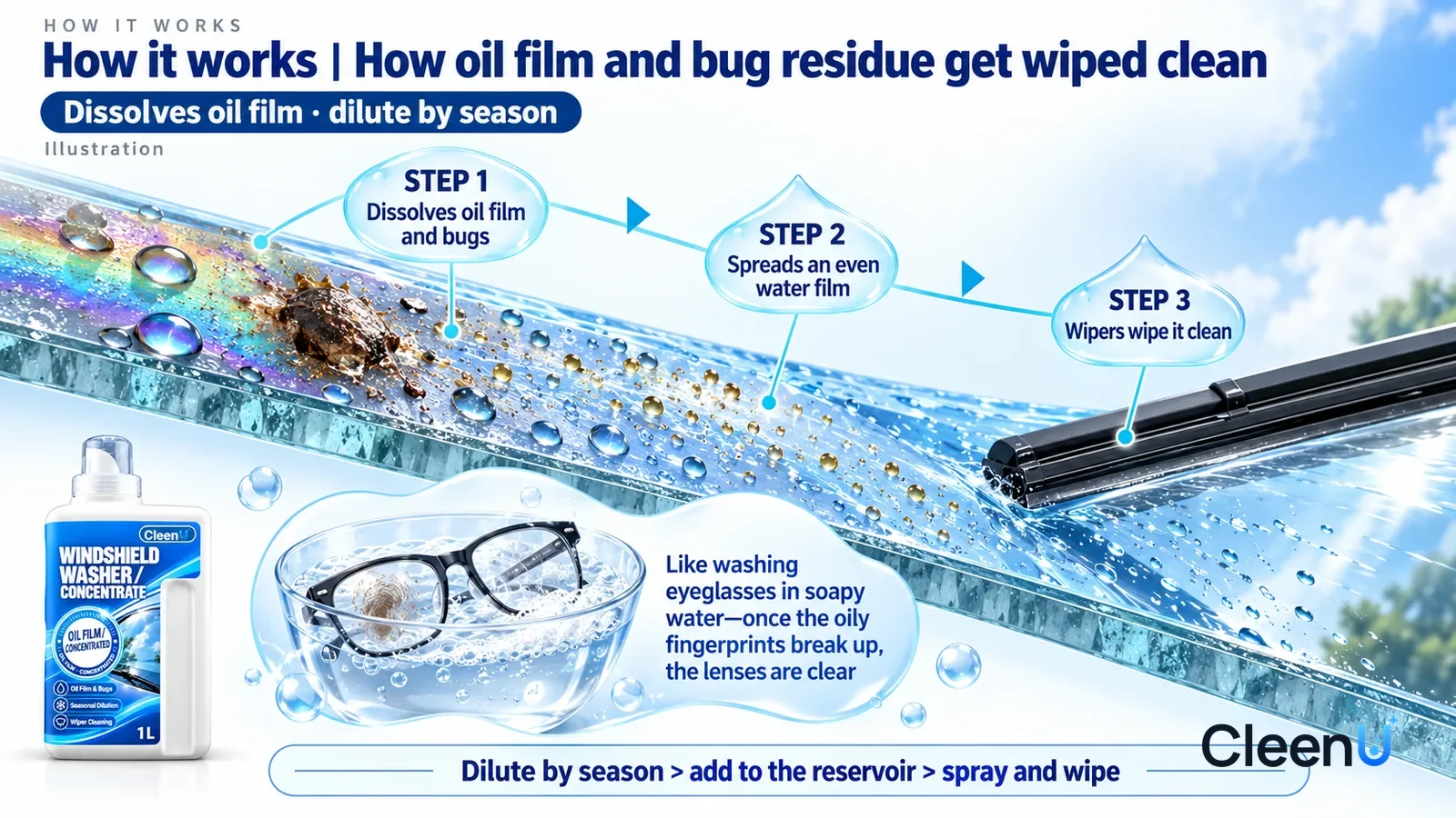 Illustration: CleenU Windshield Washer Concentrate — an enormously magnified slice of windshield glass runs diagonally from upper left to lower right; on the left a rainbow-streaked oil film an