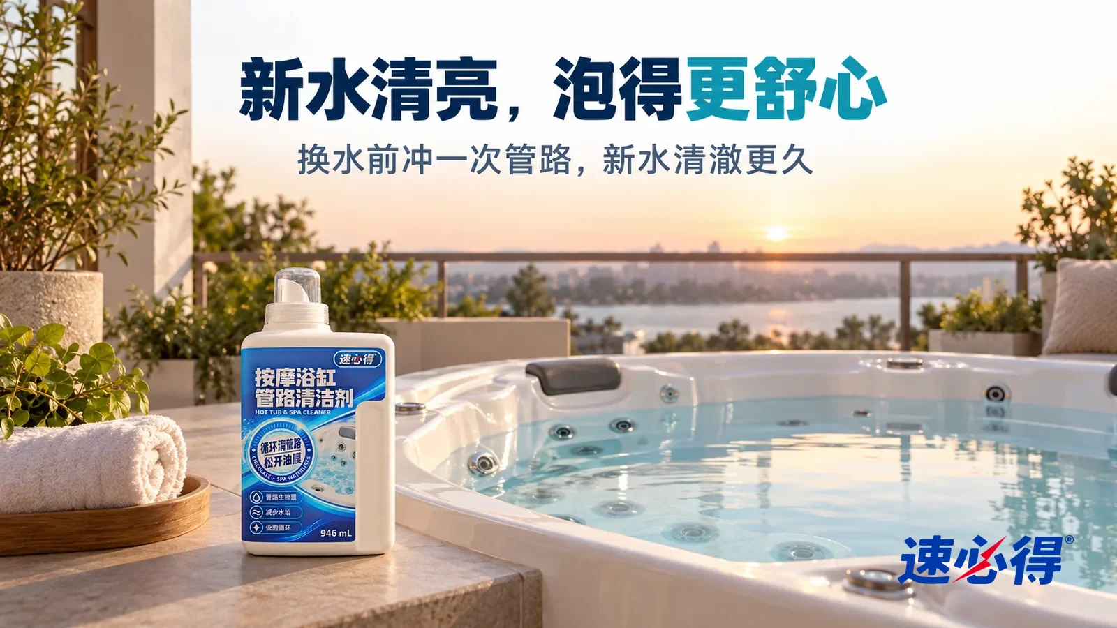 示意图：速必得浴缸 SPA 清洁剂——傍晚的露台，一台注满清澈新水的白色按摩浴缸（无品牌标志），水面平静透亮，缸边一条卷好的白浴巾和一盆绿植，柔和的天光，标题“新水清亮，泡得更舒心”
