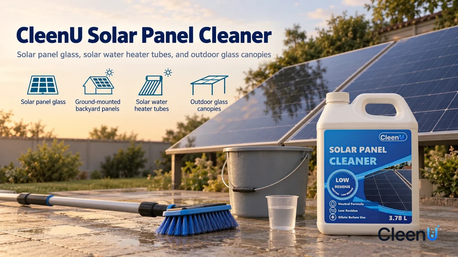Illustration: CleenU Solar Panel Cleaner — use one backyard with waist-high ground-mounted panels, dark-blue cells and silver grid lines