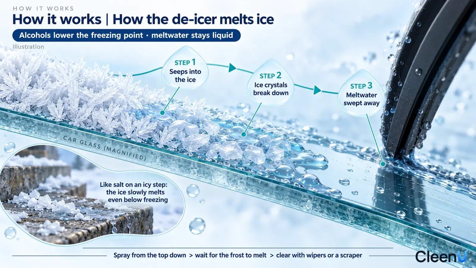 Illustration: A windshield cross-section with ice crystals, drops and a wiper with a snow-melting analogy inset.