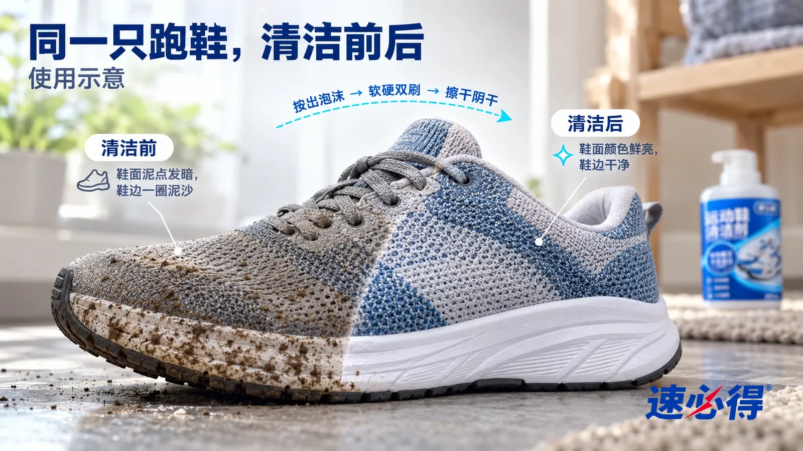 示意图：速必得运动鞋清洁剂——整屏一只灰蓝色针织跑鞋（无品牌标志）侧面的低角度大近景，同一窗光，不出现瓶子：没处理的一半鞋面泥点发暗