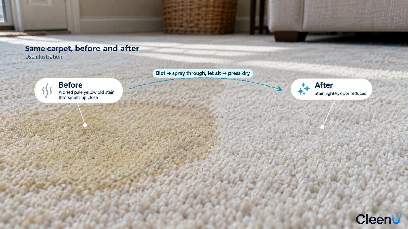 Illustration: A yellow-stained carpet area beside a lighter area; not a measured test and odor cannot be verified from the image.