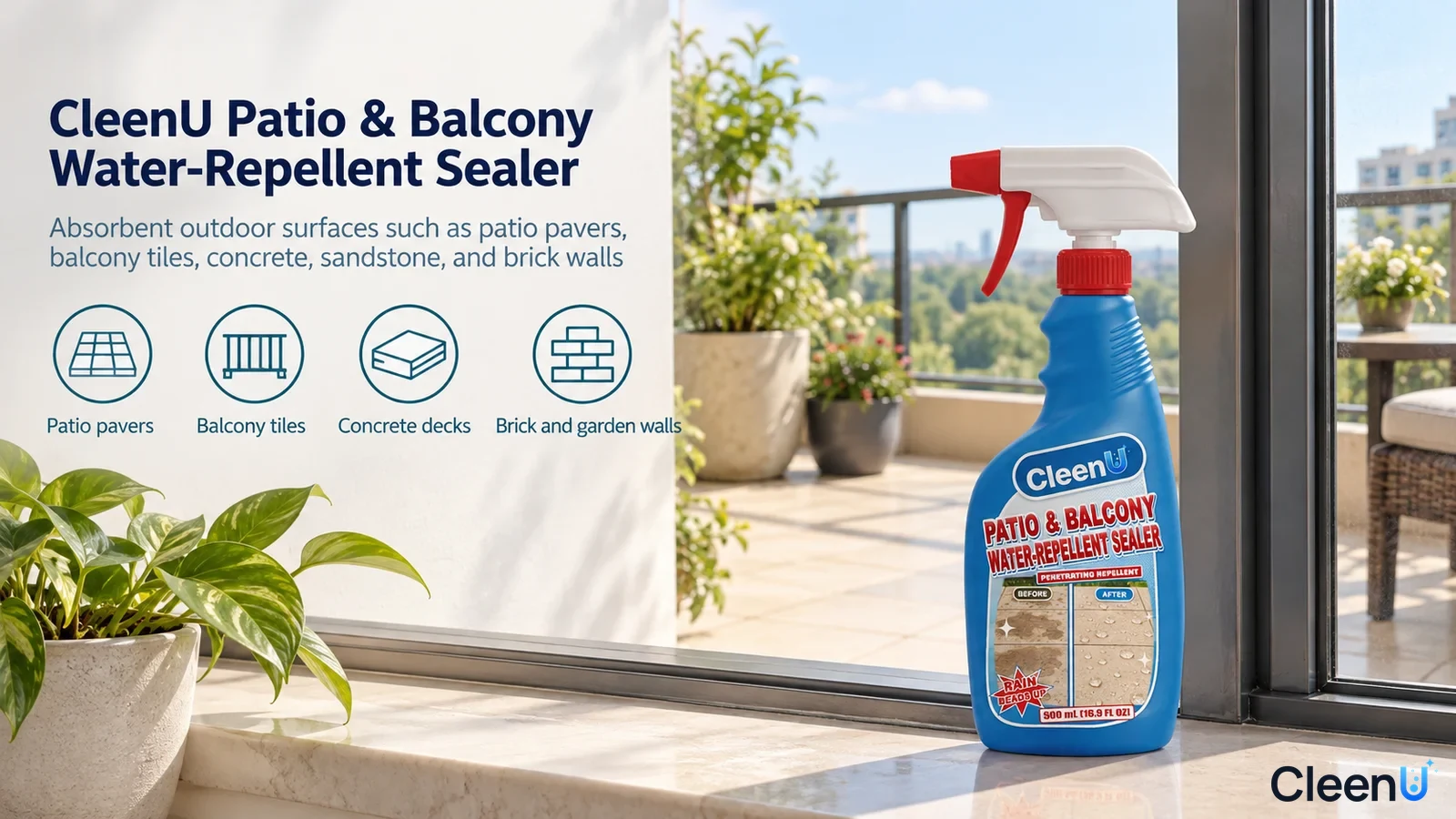 Illustration: A blue sealer spray bottle beside a balcony with use icons.