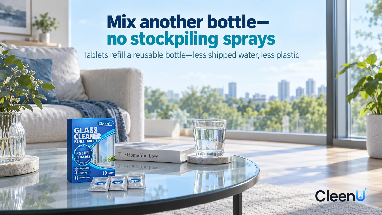 Illustration: CleenU Glass Cleaner Refill Tablets — A bright early-morning living room, a clean, crystal-clear floor-to-ceiling window with green trees and blue sky sharp outside Headline: "Mix anothe