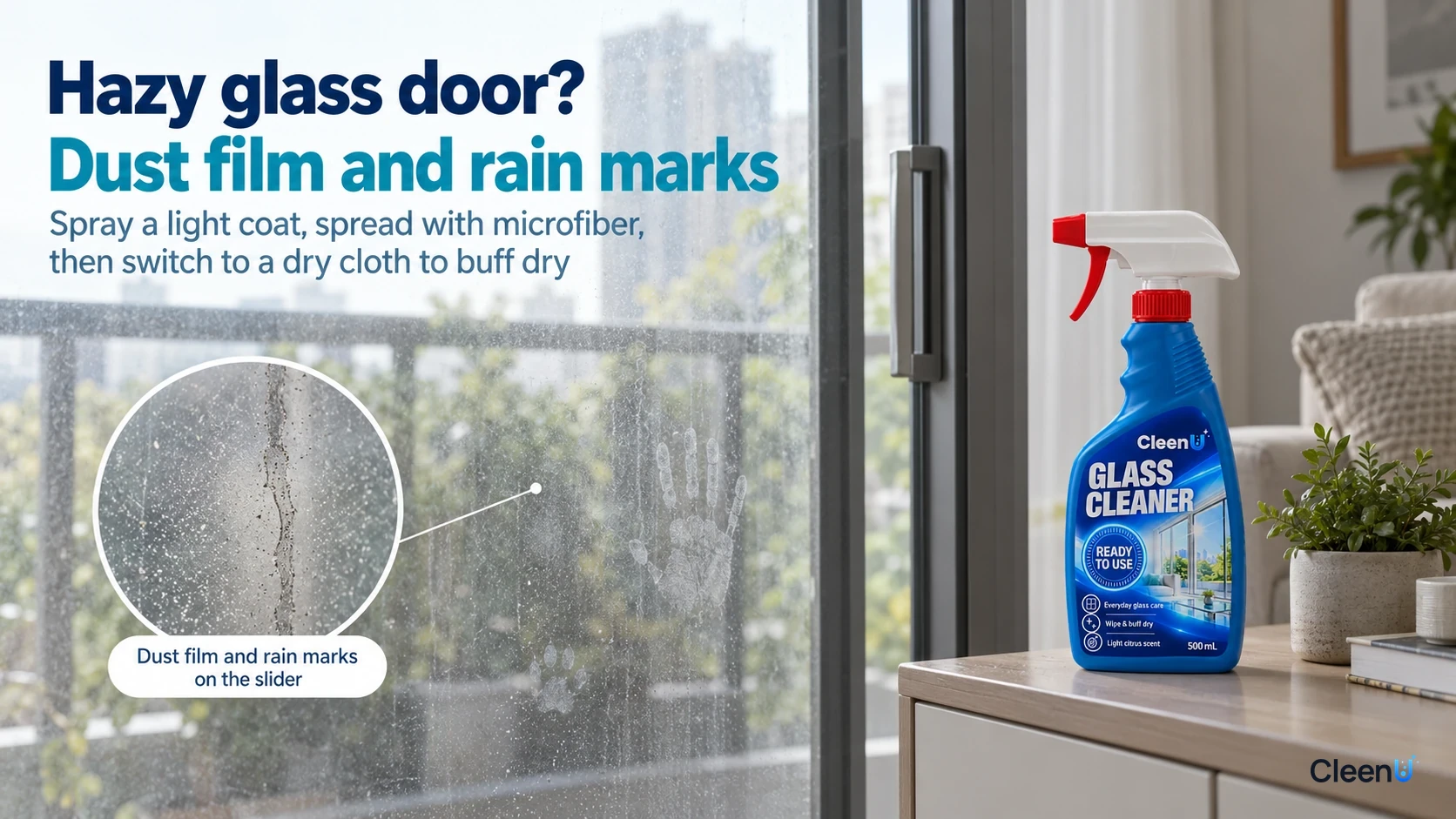 Illustration of dust film and rain marks on a glass sliding door, with the product beside it.