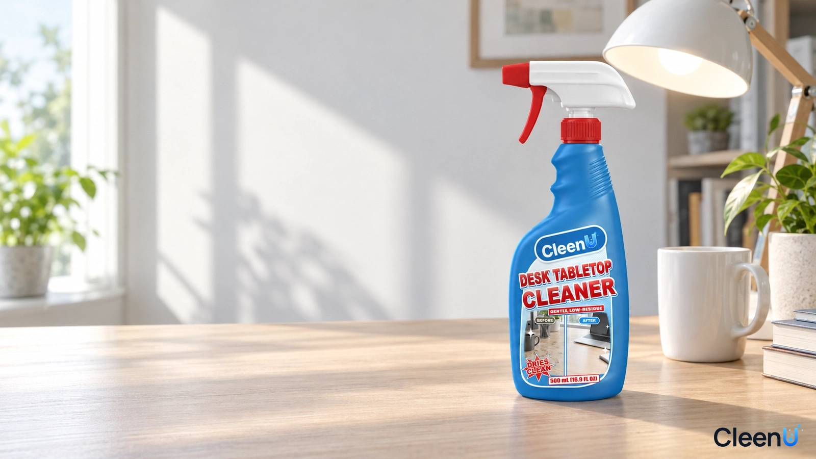Illustration: A blue cleaner bottle on a wooden desk in sunlight.