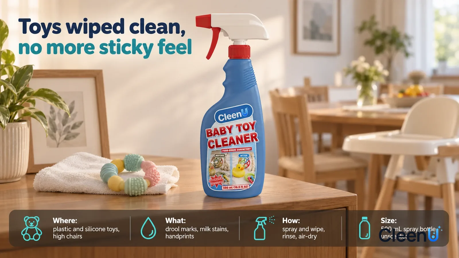 Illustration: CleenU Baby Toy Cleaner stands centered on the sideboard, a clean silicone teether ring and a white soft cloth beside it