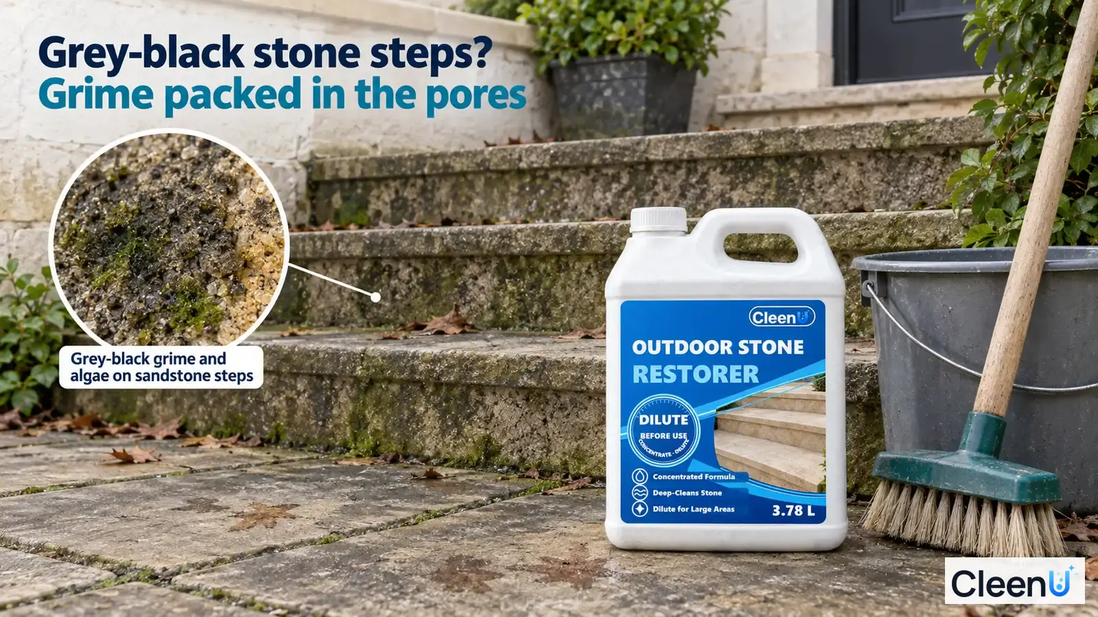 Illustration: Gray-black grime on outdoor stone steps beside a white cleaner jug, brush and bucket.