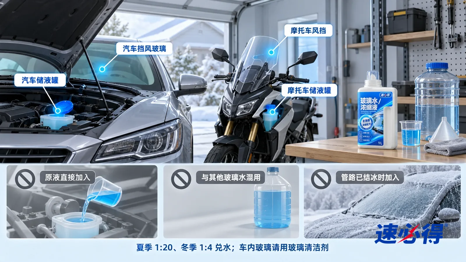 示意图：速必得玻璃水（浓缩液/泡腾片）——一张写实 3D 剖面实景图，一座明亮的家用车库连着门口的车道，连续空间、一个视角，轿车的玻璃水储液罐盖、前挡风玻璃