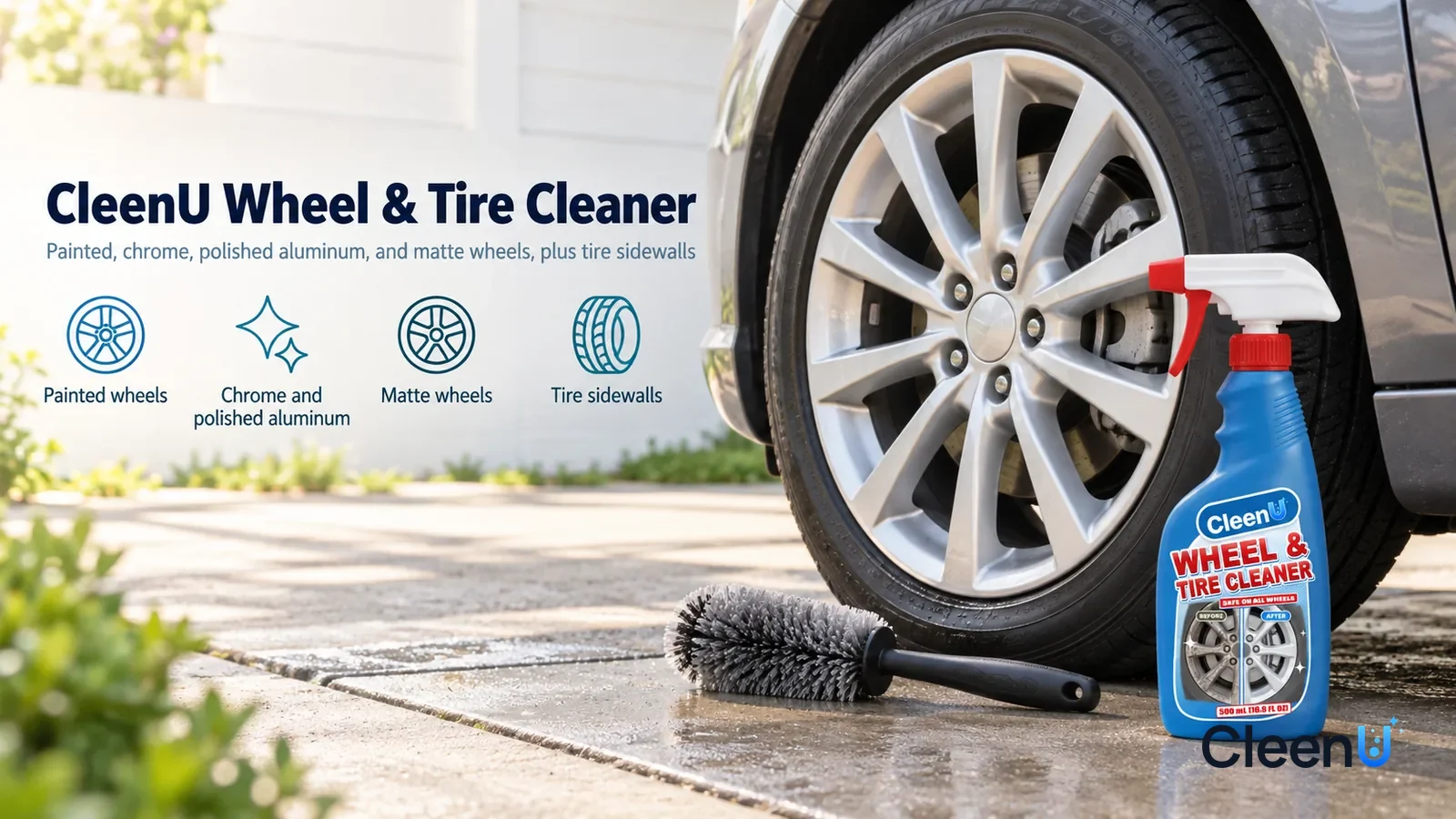 Illustration: CleenU Wheel & Tire Cleaner — A bright home driveway, the front wheel of a family sedan (no logos, no plate number), its silver multi-spoke wheel clean and bright