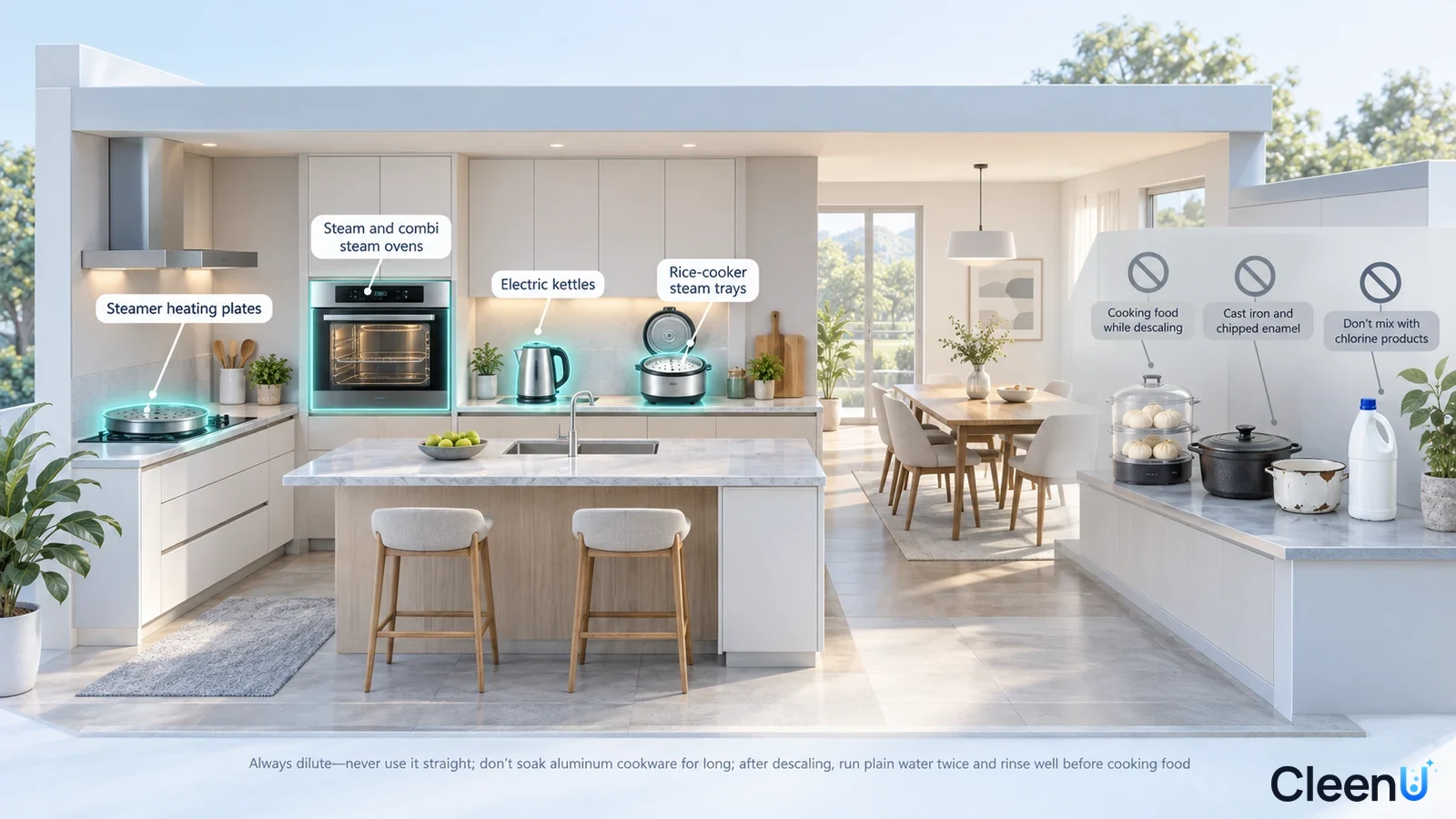 Illustration: Highlighted kitchen steamers and steam appliances beside equipment precautions.