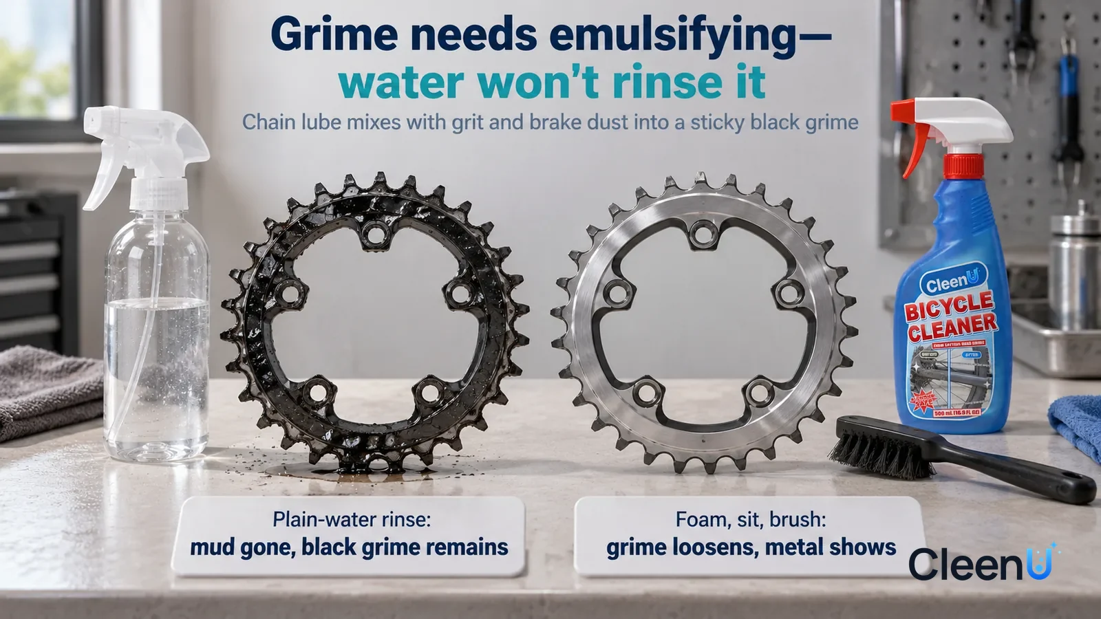 Illustration: CleenU Bicycle Cleaner — A landscape medium close-up of a small experiment in a cleaning lab: two identical old chainrings side by side on a white test bench Headline: "Grime needs emuls