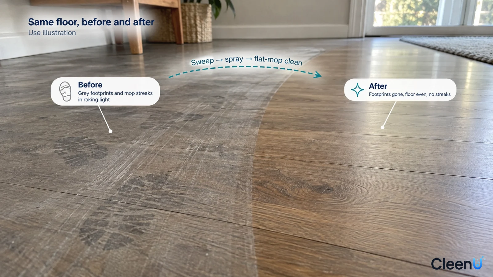 Illustration: Gray footprints beside a clearer area of the same wood-look floor; not a measured cleaning test.
