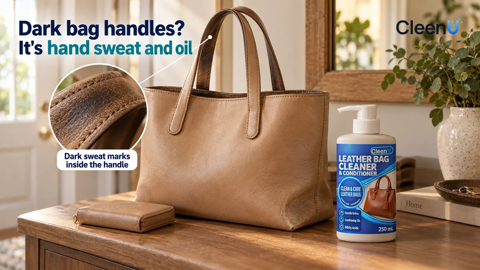 Illustration: CleenU Leather Bag Cleaner & Conditioner — A homey entryway, afternoon side light from a window falling across the console: a light tan smooth-leather tote (no brand marks) stands on