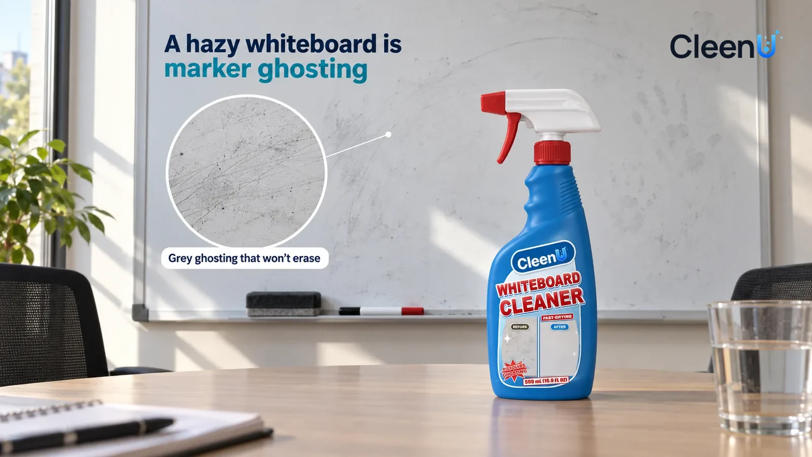 Illustration: CleenU Whiteboard Cleaner — A plain small meeting room, a white porcelain whiteboard on the wall; in slanting window light a dull grey haze of ghosting