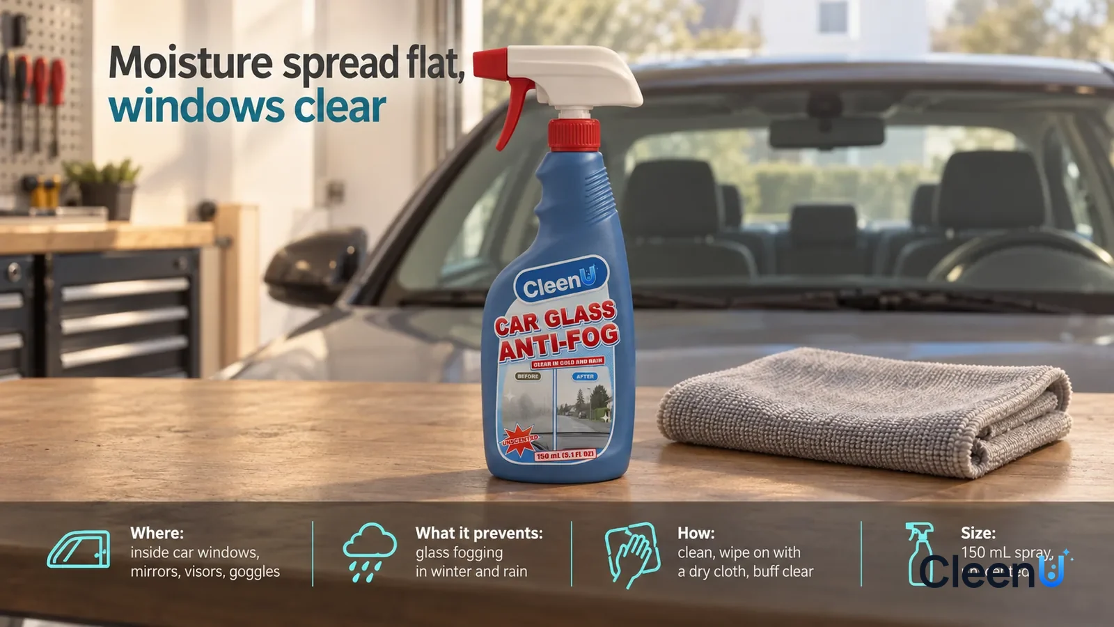 Illustration: CleenU Car Glass Anti-Fog — use one parked unbranded family car with grey interior and center armrest in cool morning window light, no driving or in-motion application