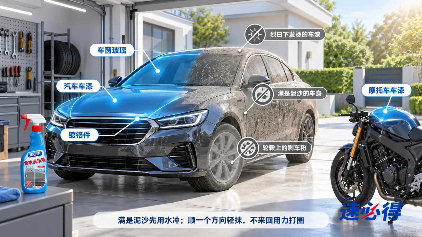 示意图:速必得免水洗车液——一张写实 3D 剖面实景图,一个明亮的家用车库和门口车道,连续空间、一个视角,不出现瓶子:轿车引擎盖漆面、侧窗玻璃