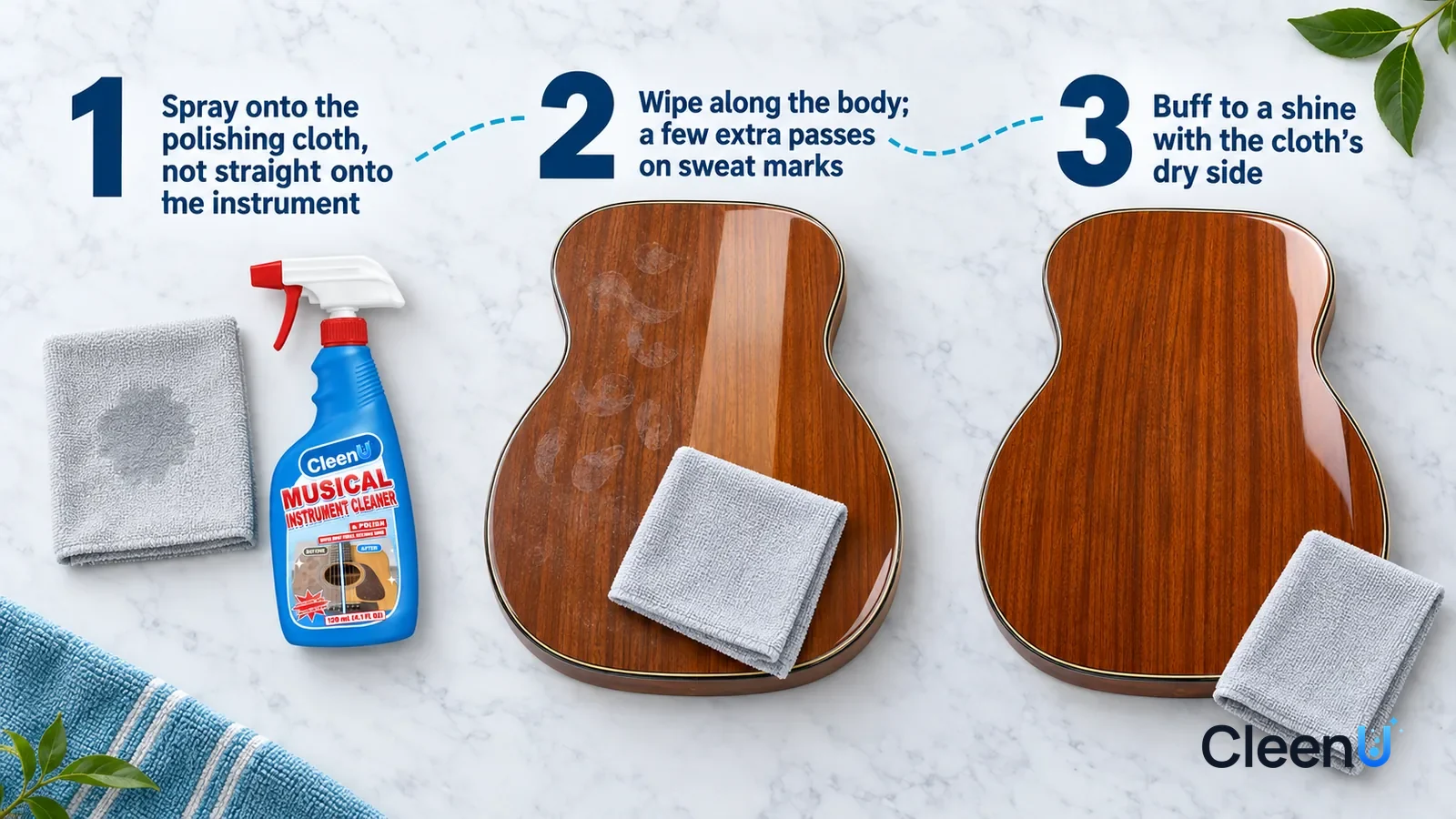 Illustration: CleenU Musical Instrument Cleaner & Polish — an overhead shot straight down onto a light marble tabletop, no hands: (1) a folded light grey microfiber polishing cloth