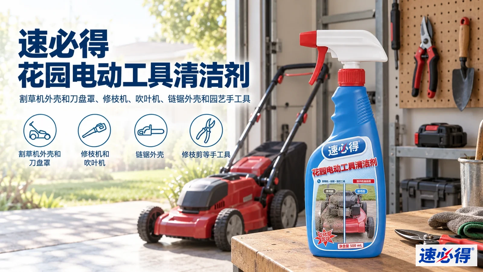 示意图：蓝色喷瓶摆在车库工作台上，背景有割草机和工具。